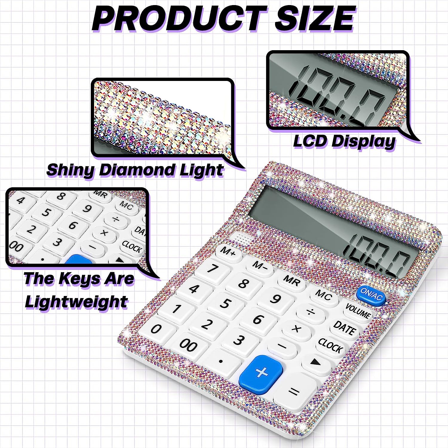 Stylish Bling Rhinestone Desktop Calculator 12 Digit Decorative Large LCD Display Office Calculator with Time Alarm Clock for Home School Office Desk Accessory, White - Image 3